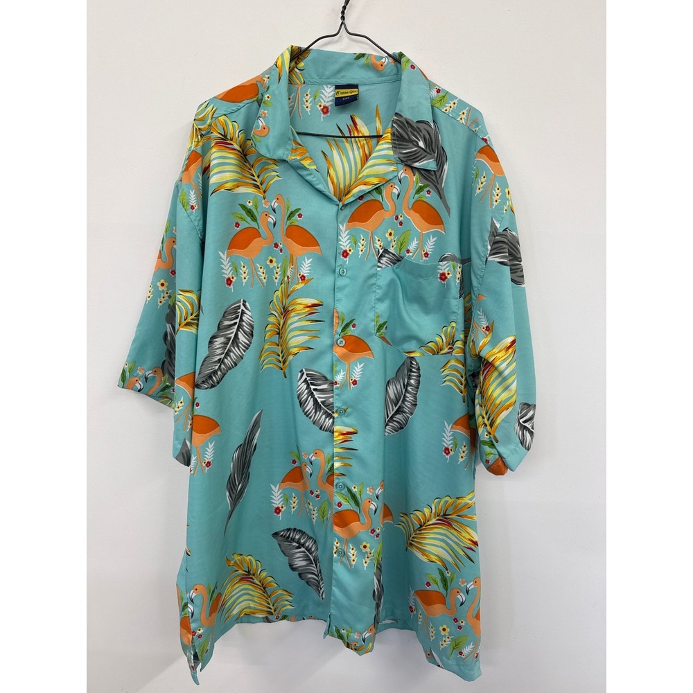 Ocean Blue Mens XXL Flamingo Tropical Palm Leaf‎ Turquoise Aloha Camp Shirt XXL